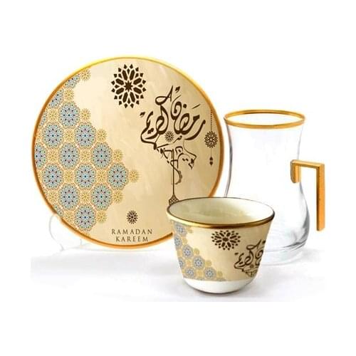 Drop Efe Handled Tea & Arabian Coffee Cup Set 18 Pieces Blessed