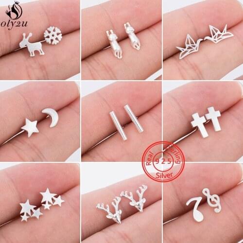 Real 925 Sterling Silver Star Moon Earrings for Women Girls Bar Music Deer Snowflake Earring Stud Small Child Jewelry Gifts