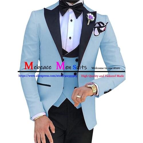2021 Light Blue Casual Men Suits Slim Fit Suits Groom Tuxedos Wedding Blazer 3 Pieces (Jacket+Pants+Vest) Costume Homme Terno