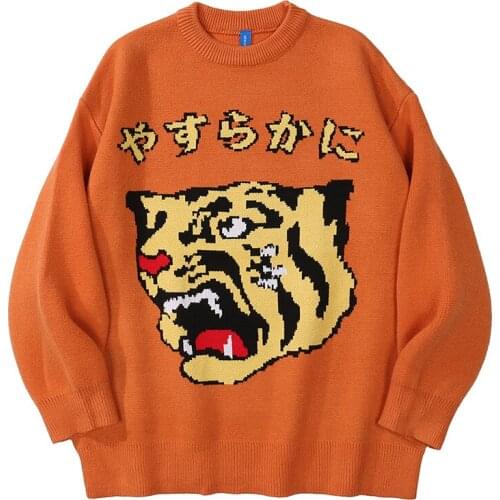 Harajuku Kanji Japanese Tiger Graphic Sweater Men Streetwear 2021 Autumn Oversized Sweater for Men Pullover Mens Sweaters