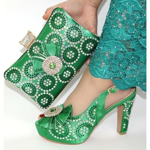 Fashionable green women pumps match handbag with rhinestone decoration african dress shoes and bag set CR167,heel 11.5CM