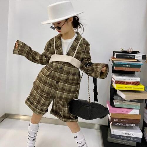 Girl vintage plaid jacket + shorts 2cps sets 2021 spring autumn new dance suits children outfit kids clothing ws1977