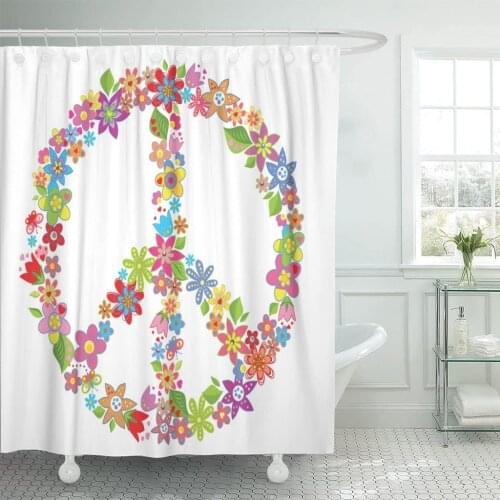 70S Peace Flower Symbol Love Power Sign Floral Clipart Shower Curtain Waterproof Fabric 72 x 72 Inches Set with Hooks