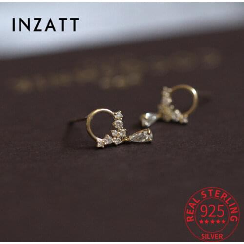 INZATT Real 925 Sterling Silver Zircon Round Pendant Stud 14K Earrings For Women Geometric Bohemian Fine Jewelry Drop Shipping