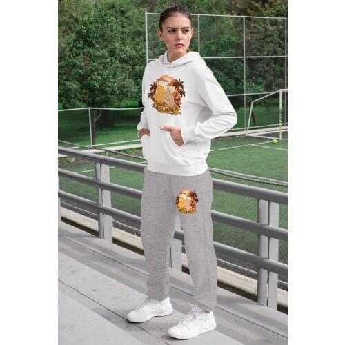 Angemiel Wear Holidaymaker Man Women Tracksuit Set White Hooded Sweatshirt Gray Sweatpants