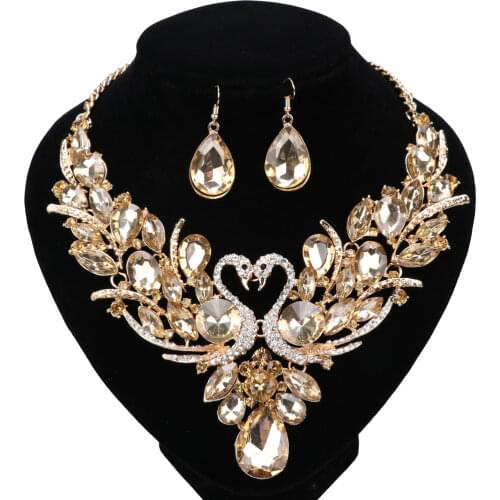 Golden Champagne Crystal New Collier Femme Double Swan Statement Necklace Earring For Women Party Wedding Jewelry Set