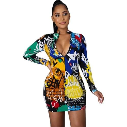 2021 Fashion Graffiti Letter Dress for Women Streetwear Long Sleeve Zipper Mini Dresses Pencil Vestido Fall Winter Lounge Wear