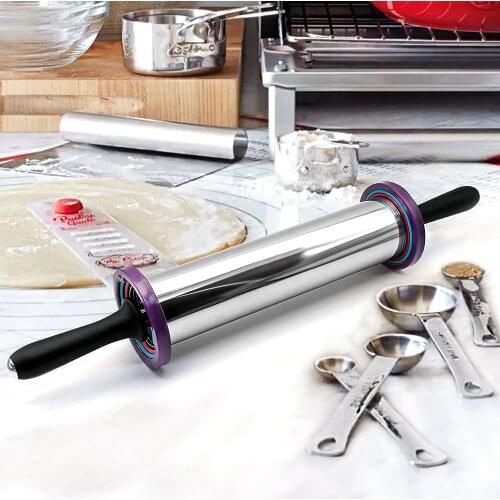 1Pcs Rolling Pin Adjustable Stainless Steel Rolling Pin Dough Roller with 3 Removable Thickness Rings for Baking Dough, Pizza