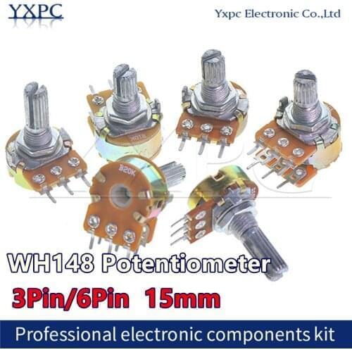 10pcs WH148 3pin 6pin 15mm B1K B2K B5K B10K B20K B50K B100K B250K B500K B1M Potentiometer 1K 2K 5K 10K 20K 50K 100K 250K 500K 1M