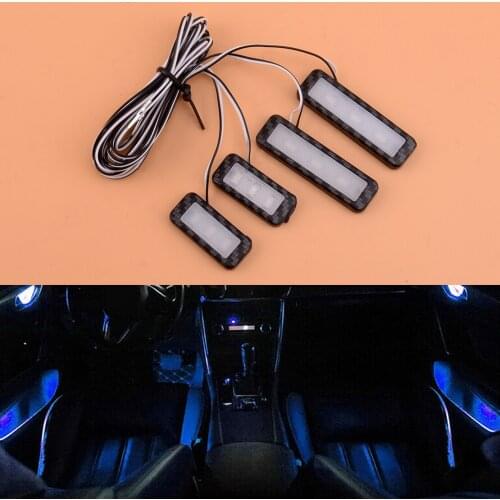 4Pcs 12V Universal Car Interior Door Handle Bowl Blue LED Ambient Atmosphere Light Carbon Fiber Style Plastic