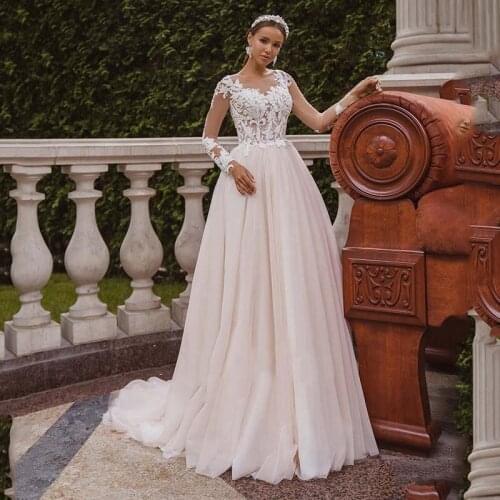 A99 Lace A Line Simple O Neck Wedding Dresses Boho Long Sleeves Nude Mesh Country Bride Dress Floor Length Tulle Bridal Gowns