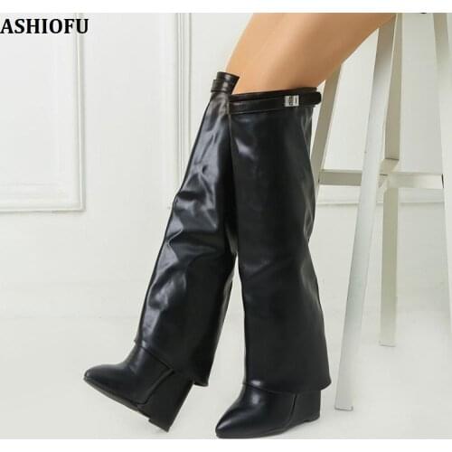 ASHIOFU Handmade New Real Photos Ladies Wadge Heel Boots Sexy Party Prom Knee Boots Evening Fashion Club Boots Shoes