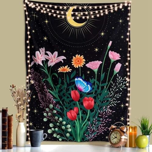 Butterfly Flower Tapestry Wall Hanging Moon and Stars Floral Tapestries Wildflower Aesthetic Tarot Bedroom Home Dorm Living Room