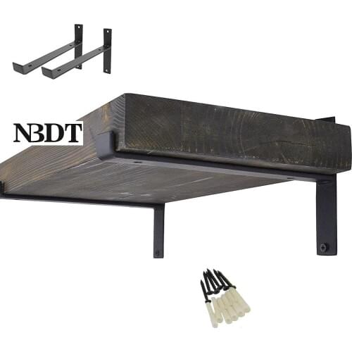 2Pcs Black Wall Mount Rustic Rural Wooden Floating Shelf Bracket Support T-shaped With Screws
