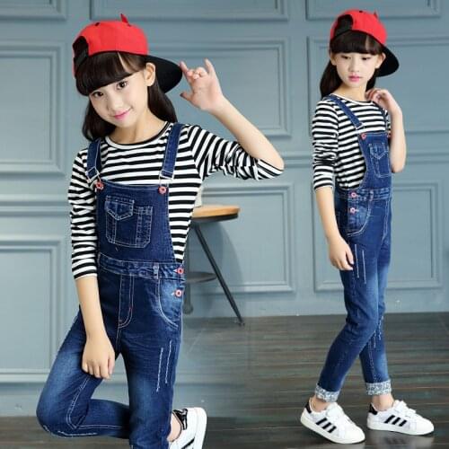 Childrens Set Girl Spring and Autumn Clothes Shirt and Overalls Big Child Red Button Denim Strappy Pants Two-piece Set