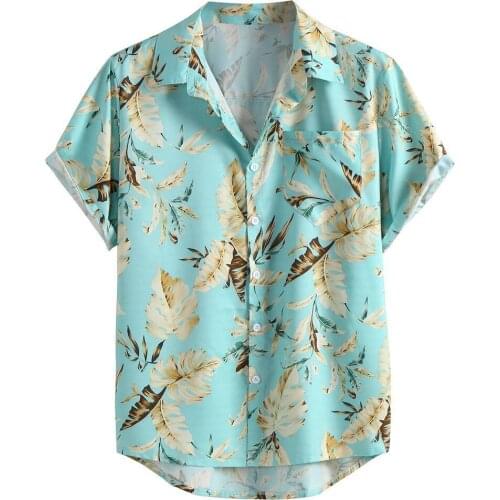 Mens Classical Oil Print Leaf Sky Blue Turn Down Collar Short Sleeve Hawaiian Shirts Men Beach Wear Tops