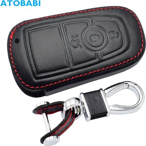 Leather Car Key Case For Ford Mustang 2018 EcoSport 3 Buttons Smart Remote Fobs Shell Cover Keys Bag Keychain Auto Accessories