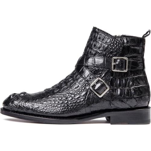 British Double Buckle Ankle Boots Men Luxury Business Genuine Leather Shoes Men Designer Crocodile Leather Black Dress Shoes