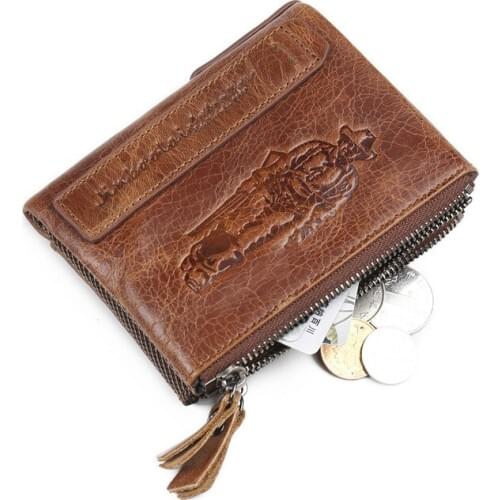 Best selling Crazy Horse genuine Leather Double Zip Mens Wallet Leather Retro Coin Purse cowhide men retro wallets Imprint male