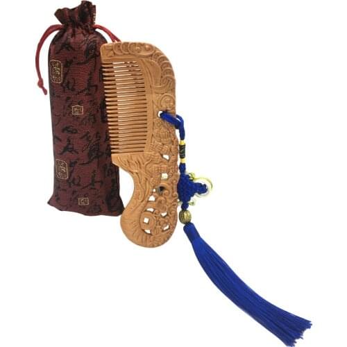 Earofcorn Fine Natural Hollow Peach Wood Carving Craft Exotic Comb Anti-static Massage Healthy Wooden Comb Set Pair