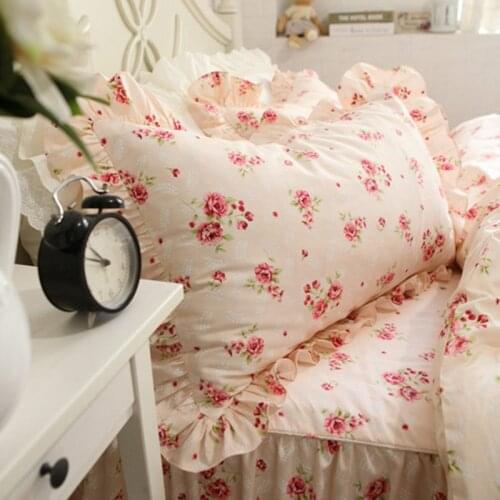 2pcs red rose print pillowcase elegant ruffle pillow sham cotton floral decorative pillowcase sweet thicken bedding pillowcases
