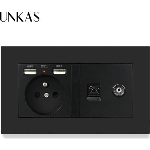 UNKAS PC Plastic Panel French Standard Socket With Dual USB Charge Port + Female TV Television Jack and RJ11 Telephone Connector