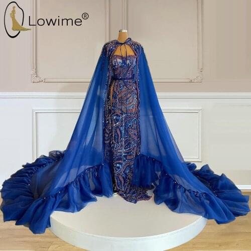 Luxury Heavy Beading Pearls Evening Dresses with Long Wrap 2021 Sexy Illusion High Slit Wedding Party Gowns Formal Women Robes