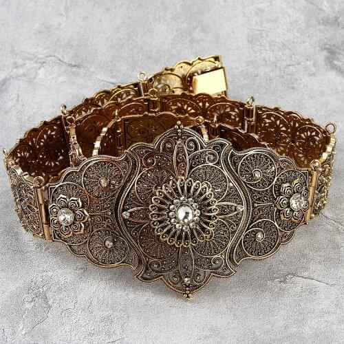 Sunspicems 2021 Caftan Dress Wedding Metal belt for Women Caucasus Flower Waist Chain Crystal Retro Gold Silver Color Jewelry