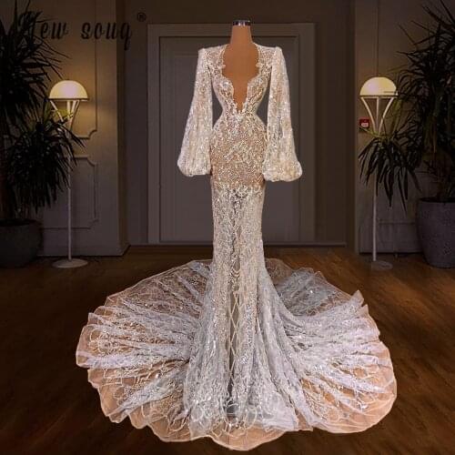 Illusion V Neck Wedding Dresses Mermaid Lantern Sleeve Bridal Gowns Wedding Gowns белое платье Vestidos De Novia Longue Robes