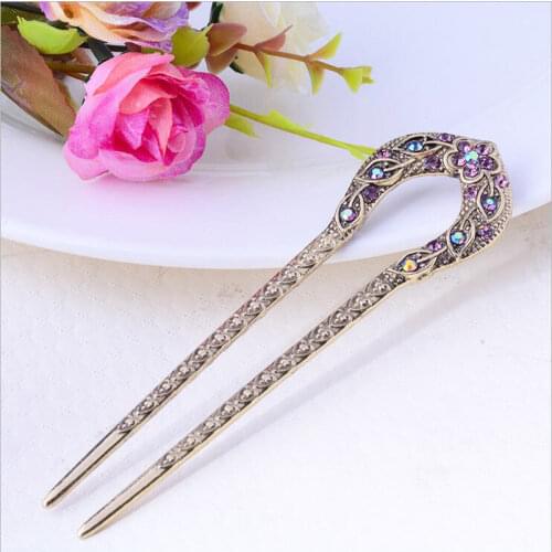 Vintage Hair Accessories Antique Bronze Plated Hairpins U shape Hair Stick Pin Women Rhinestone Flower Hair Jewelry