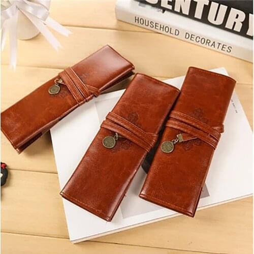 Waterproof PU Leather Roll Purse Pouch Office Supplies Retro Portable Makeup Pen Pencil Case School Stationery Storage Bags