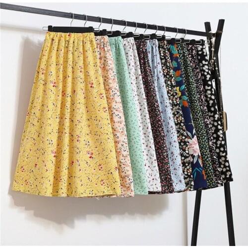 Floral Printed Skirt Women Summer Pleated Skirts Vintage Drawstring Elastic High Waist Midi Skirts Casual Korean A Line F147