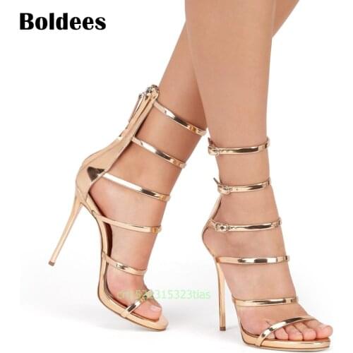Boldees women new concise simple strappy open toe ankle strap mary jane stiletto cut out sandals Woman high heels gold silver
