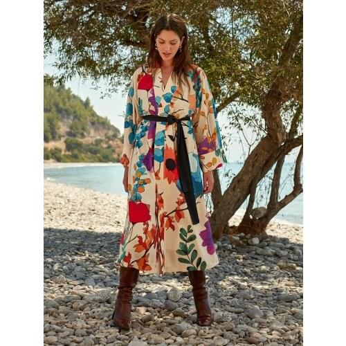 Women Ecru Flower Printed Belted Long Kimono Cardigan Casual Blouse Spring Summer Vintage Swim Cover-Ups Female Beach New 2021