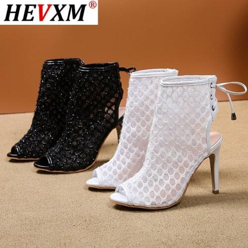 2020 Women Fetish Stripper Sandals Fishnet Ankle Boots Stiletto 10cm High Heels Mesh Rome Gladiator Peep Toe Summer Sexy Shoes