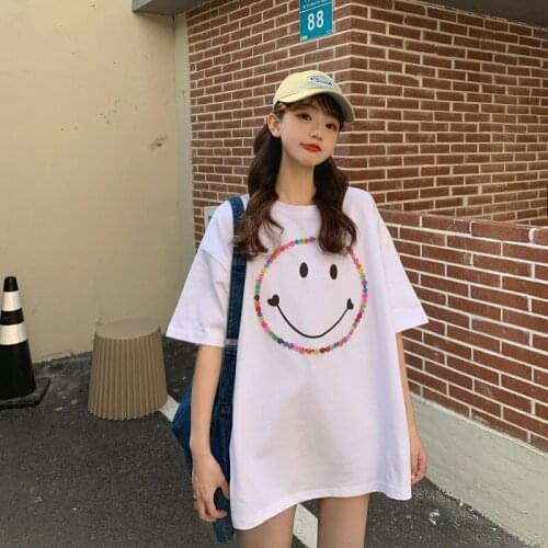2021 Summer Plus Size Womens Hand-stitched Smiley Face Pattern Loose and Thinner with T-shirt Top Women Graphic T Shirts