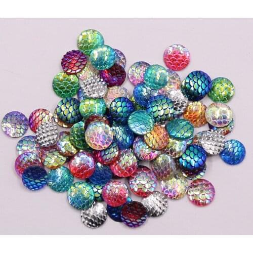New Fashion 50pcs 12mm Mix Colors Mermaid Fish Scale Flat back Rhinestone Round Cabochon Embellishment Scrapbooking DIY Crafts