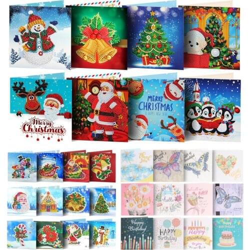 8pcs DIY Special Shaped Diamond Painting Greeting Card Cartoon Christmas Card Kids DIY Craft Gift Festival Supplies for Xmas