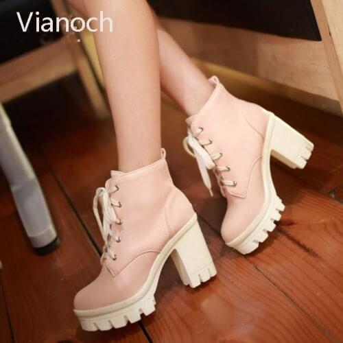 New Fashion Womens Ankle Boots Spring Autumn Platform Pumps High Heels Lace Up Size 40 41 42 43 aa0924