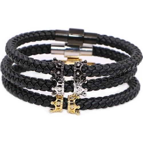Genuine Leather Crown Charms Stainless Steel Magnet Bracelets for Man Women Jewelry Best Friends Gift pulseira