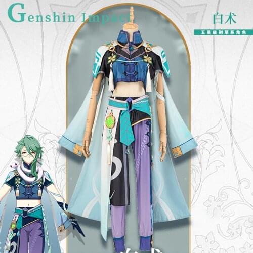 Genshin Impact Cosplay Baishu Cosplay Costumes Baishu Wigs Removable Bun Baishu Green Long Straight Braided Ponytail Hairs Shoes