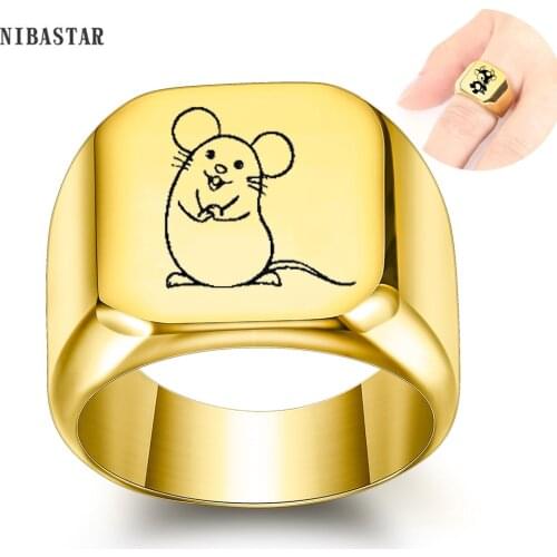 NIBASTAR Engrave 12 Zodiac Sign Rings For Men Customize Cute Pattern Ring Stainless Steel Square Punk Finger Rings Jewelry