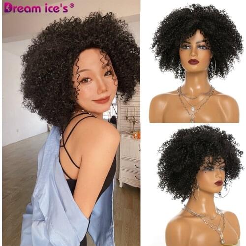 Short Afro Kinky Curly Wigs With Bangs For Black Women Blonde Mixed Brown Synthetic Cosplay African Wigs Heat Resistant Dreamice