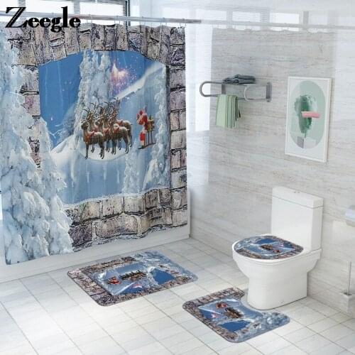 Christmas Theme Style Bathroom Bath Mat Carpet Rug Waterproof Shower Curtain Absorbent Mat Bathroom Anti-slip Foot Mat