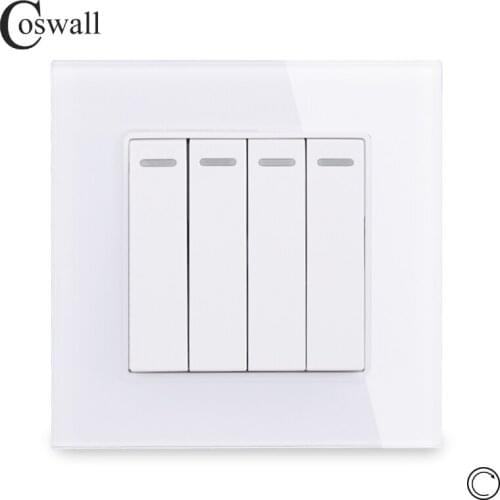 Coswall Crystal Glass Panel 4 Gang 1 Way Reset Switch Pulse Switch Momentary Contact Switch Push Button Wall Light Switch 16A