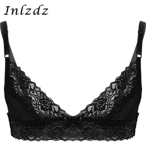 Mens Erotic Sissy Lingerie Bra Top Adjustable Spaghetti Shoulder Straps Floral Lace Trim Wire-free Unlined Hot Sexy Bra Tops