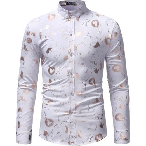 Men Shirt Casual Slim Fit Long Sleeve Mens Dress Shirts Nightclub Party Prom White Bronzing Shirt Men Streetwear Camisa Social