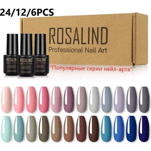 ROSALIND Gel Nail 24/12/6 PCS Gel Nails Polish Set for Semi Permanent Varnishes Hybrid Lacquer Top Base Nail Need LED UV Lamp