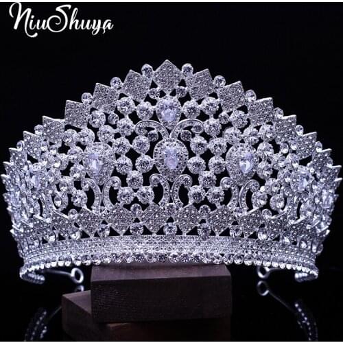NiuShuya Cubic Tiaras Crown Hair Jewelry Vintage Big Tiaras And Crowns AAA CZ Luxury Rhinestone Wedding Hair Accessories