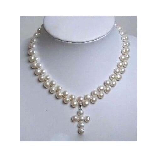 Natural pearl jewelry Nice Charming 2 Rows White Cultured Pearl Cross Pendant Necklace 18" jewelry